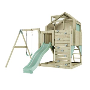 Torre giochi in legno con altalena verde menta, scivolo e parete da arrampicata.