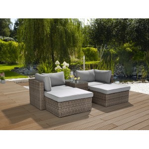 5-teiliges Gartenmöbel-Set Olea II aus Polyrattan in Anthrazit-Grau mit Tisch, Sesseln und Hockern.