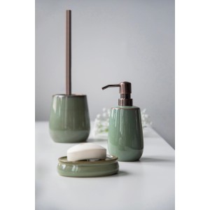 Ensemble WC en céramique vert Wenko Sirmione, comprenant une brosse WC, un distributeur de savon et un porte-savon.