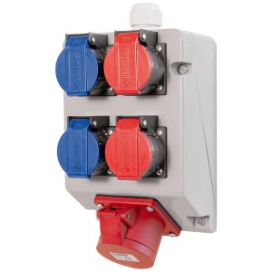 Distributore di prese Steffen per esterni, grigio, con prese T23/T25 e CEE16/5.
