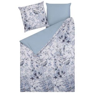 Set biancheria da letto Ballard con motivo floreale e pavone, cotone satin, bianco-blu, 135x200 cm.