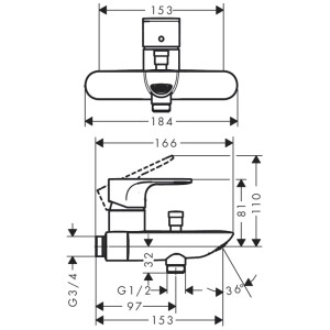 Disegno tecnico: Miscelatore per vasca esterno Hansgrohe Rebris E, cromo, con dimensioni.