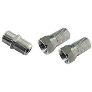 Set connettori per cavo Schwaiger F 8 mm per cavi di collegamento SAT, composto da 2 connettori F e 1 raccordo F.