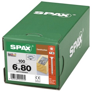 Viti a testa svasata Spax 6x80 mm, 100 pezzi in scatola verde per costruzioni in legno.