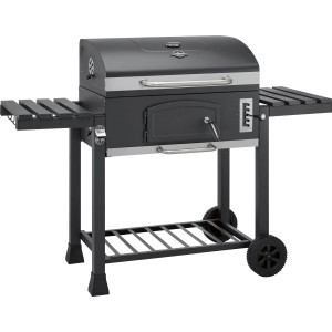 Barbecue a carbone Jamestown Jaxon XL con griglia modulare e tavolini laterali.