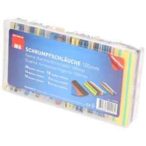 Scatola di tubi termorestringenti assortiti in varie dimensioni e colori.