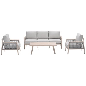 Salon de jardin 4 pièces Garden Impressions Decala, aspect aluminium/teck, avec canapé, fauteuils et table.