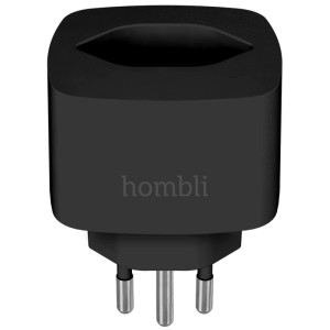 Schwarze Hombli Smart Steckdose CH für Hausautomation mit WLAN Funktion.