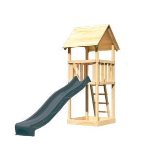 Karibu Spielturm Lotti mit Rutsche, Holz natur und anthrazitfarbene Rutsche.