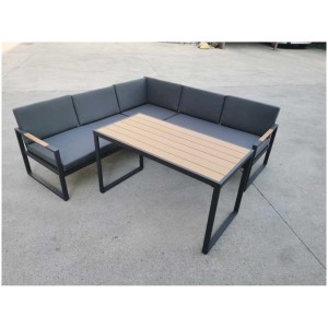 Ensemble lounge Trinidad 4 pièces anthracite/gris foncé/teck avec canapé, fauteuil et table.