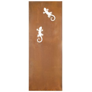 Rostfarbener Nouvel Paravent Gecko aus Stahl, 200x60 cm, mit ausgestanzten Gecko-Motiven.