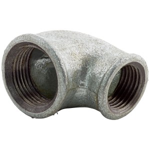 Raccordo a 90° in ghisa malleabile con filettatura interna 24,1/18,6 mm per collegare tubi zincati.