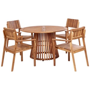 Ensemble de jardin 5 pièces Agello en acacia marron avec table ronde et quatre chaises.