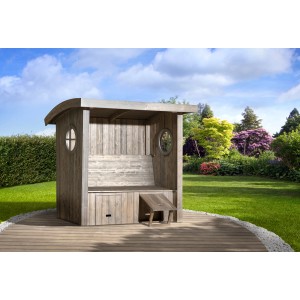 Weka gazebo da giardino Merano, grigio argento spazzolato, con tetto rotondo e spazio contenitivo sotto il sedile.