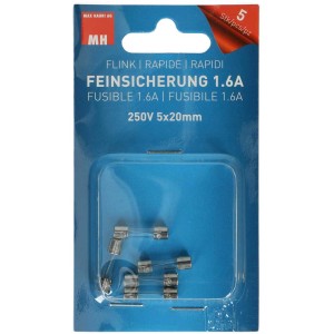 Confezione da 5 fusibili rapidi, 1,6 A, 250 V, 5 x 20 mm, in blister blu.