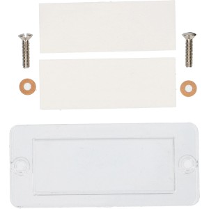Couvercle transparent pour plaque de nom Hager Basico, incluant étiquettes et vis.