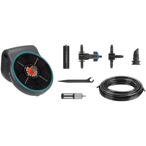 Gardena AquaBloom set irrigazione solare per fino a 20 piante, include pompa, pannello solare, batterie e accessori.