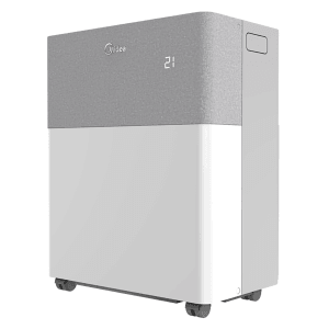 Midea PortaSplit : Climatiseur mobile avec roulettes, affichage numérique et design gris et blanc.