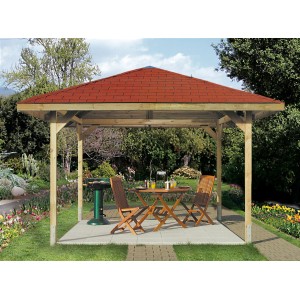 Weka Gartenoase 651 Gr. 3 Set: Gazebo in legno con tetto rosso, tavolo, sedie e grill in giardino.