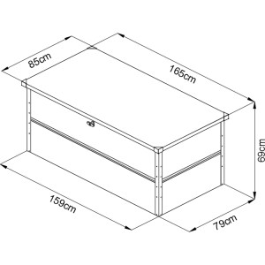 Illustration du coffre de jardin Guardi M anthracite avec dimensions, idéal pour le rangement dans le jardin.