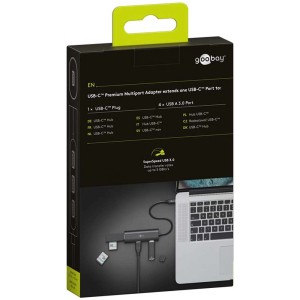 Confezione dell'hub USB 3.0 con connettore USB-C e 4 porte USB-A.