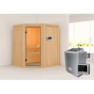 Sauna Woodfeeling Faurin con stufa e porta in vetro bronzato. Sauna in legno massello per il relax.