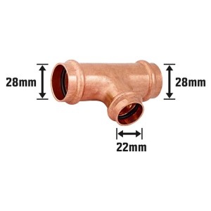 Raccordo a T di riduzione a pressare in rame, 28 mm x 22 mm x 28 mm, per tubi in rame nell'impianto idraulico.