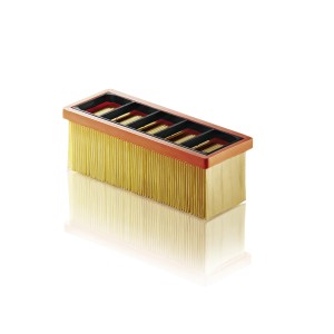 Filtro pieghettato piatto Eco Kärcher per aspirapolvere, elemento filtrante giallo con telaio.