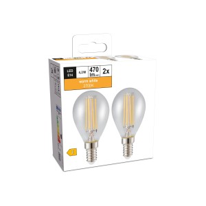 2er-Set E14 LED-Leuchtmittel in Globeform, 4,2W, warmweiß, 470 Lumen, im Karton.