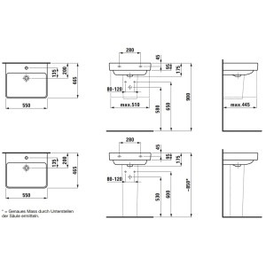 Schéma technique du lavabo Laufen Pro S, 55x46,5 cm, avec les dimensions pour l'installation.