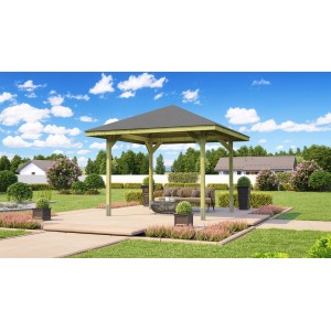 Weka Gartenlaube Paradies, 333x333 cm, gazebo in legno con tetto grigio in giardino.