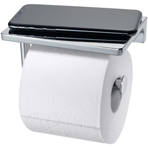 Porta carta igienica Diaqua cromato con ripiano per cellulare e rotolo di carta igienica.