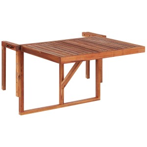 Tavolino da balcone Beliani Udine in legno acacia marrone scuro, pieghevole e salvaspazio.
