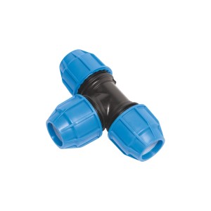 Raccord en T LUX-TOOLS pour tubes PE (Ø 32 mm) en plastique bleu et noir.