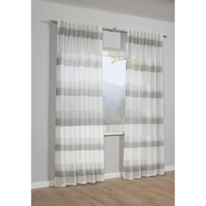 Sciarpa grigia Bennetti con nastro per tende, qualità etamina, 140x175 cm, davanti alla finestra.