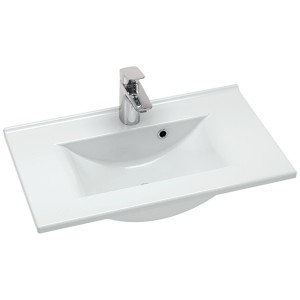 Vasque en porcelaine blanche Dansani Ariel Mini Multo avec robinet, vue de dessus.