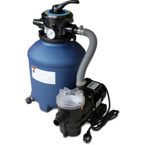 Sistema di filtraggio a sabbia Karibu con pompa e tubi per una pulizia efficace della piscina.