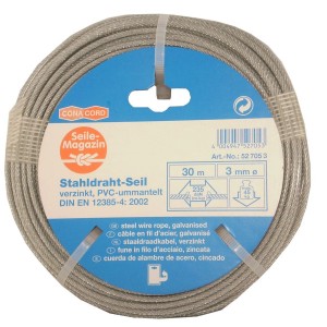 Câble en acier gainé PVC, diamètre 3 mm, enroulé. Idéal pour le bricolage et les activités de plein air.