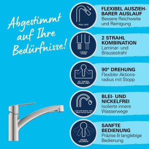 Miscelatore cucina Grohe QuickFix Start Supersteel con doccetta estraibile e vantaggi del prodotto.