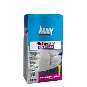 Sac d'enduit de lissage autolissant Knauf Allround, 20 kg, pour le nivellement des sols.