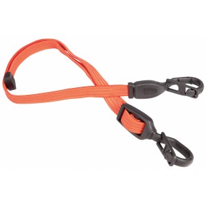 Tendeur élastique orange réglable avec crochets en plastique pour voyage et transport.