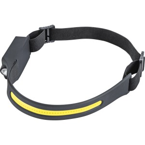Lampe frontale LED noire avec accent jaune, rechargeable, 400 lumens, pour la boutique en ligne OBI.