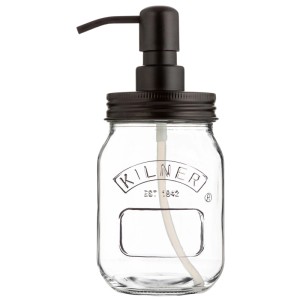 Dispenser sapone Kilner in vetro trasparente con pompa in acciaio inox nero.