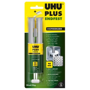 Uhu Plus Endfest adesivo epossidico bicomponente in siringa a doppia camera, 25g. Colla ad alta resistenza.