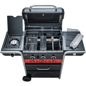 Barbecue hybride Char-Broil Gas2Coal 2.0 330 avec 3 brûleurs, ouvert, avec accessoires.