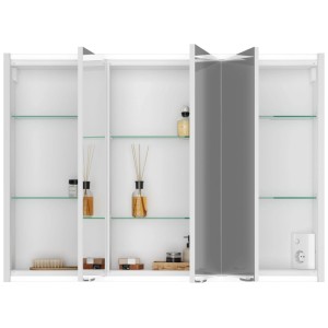 Armoire de toilette Jokey Batu 100 LED, blanche, avec 3 portes miroir, étagères en verre et prise.