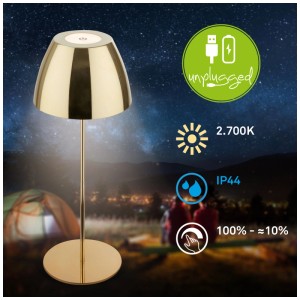 Lampe de table LED à batterie Briloner dimmable, IP44 or, 5W, 200lm, pour intérieur et extérieur.