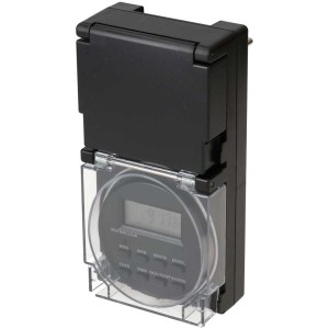 Schwarze digitale Zeitschaltuhr für den Außenbereich, 230V/10A, IP55 geschützt.