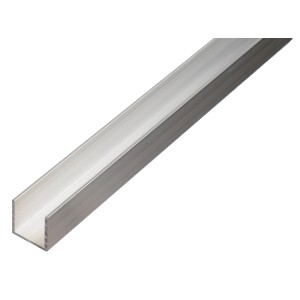 Profilé en U aluminium, 6x6x1000 mm, idéal pour cadres de protection et étagères robustes.