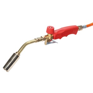 Set saldatore Rothenberger con tubo gas, manico rosso e ugelli in ottone per impianti idraulici e di riscaldamento.